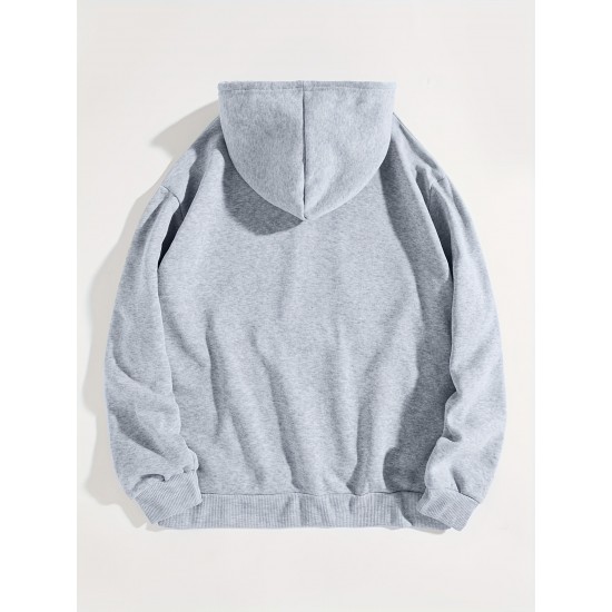 Plus Size Basic Sweatshirt, Women's Plus Letter Print Long Sleeve Slight Stretch Drawstring Hoodie With Kangaroo Pocket