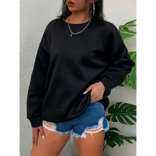 Plus Size Simple Solid Crew Neck Pullover Sweatshirt, Women's Casual Long Sleeve Clothing