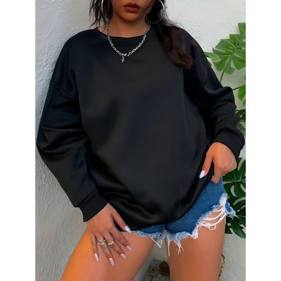 Plus Size Simple Solid Crew Neck Pullover Sweatshirt, Women's Casual Long Sleeve Clothing