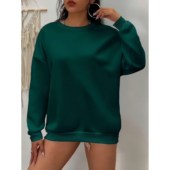 Plus Size Simple Solid Crew Neck Pullover Sweatshirt, Women's Casual Long Sleeve Clothing