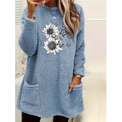 Cozy Plus Size Sunflower Print Sweatshirt with Pockets - Casual Long Sleeve Crew Neck Pullover for Women, Perfect for Fall & Winter