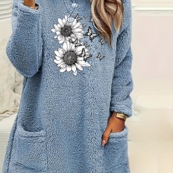 Cozy Plus Size Sunflower Print Sweatshirt with Pockets - Casual Long Sleeve Crew Neck Pullover for Women, Perfect for Fall & Winter