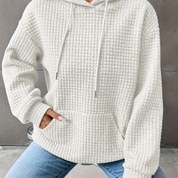 Plus Size Solid Color Waffle Long Sleeve Hooded Sweatshirt, Casual Drawstring Kangaroo Pocket Hoodie, Women's Clothing