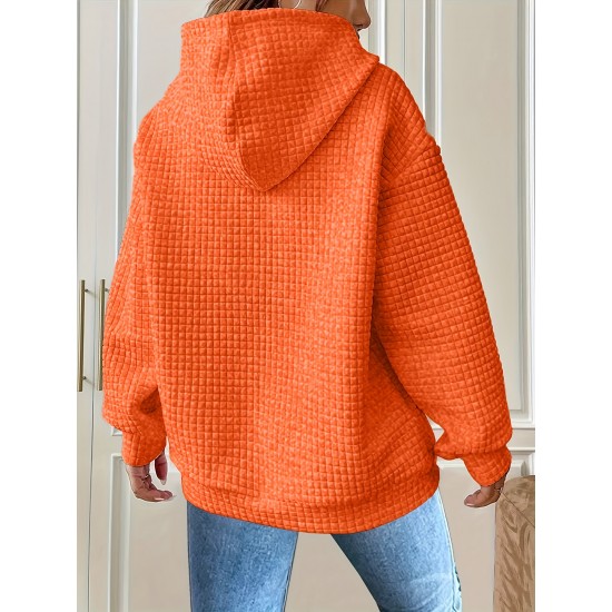 Plus Size Solid Color Waffle Long Sleeve Hooded Sweatshirt, Casual Drawstring Kangaroo Pocket Hoodie, Women's Clothing