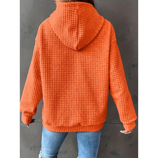 Plus Size Solid Color Waffle Long Sleeve Hooded Sweatshirt, Casual Drawstring Kangaroo Pocket Hoodie, Women's Clothing