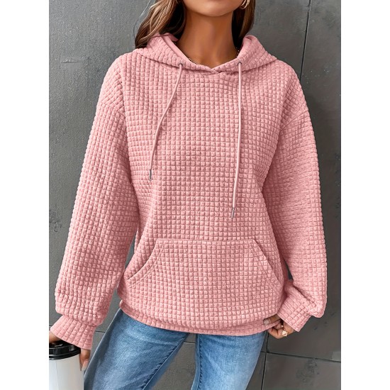 Plus Size Solid Color Waffle Long Sleeve Hooded Sweatshirt, Casual Drawstring Kangaroo Pocket Hoodie, Women's Clothing