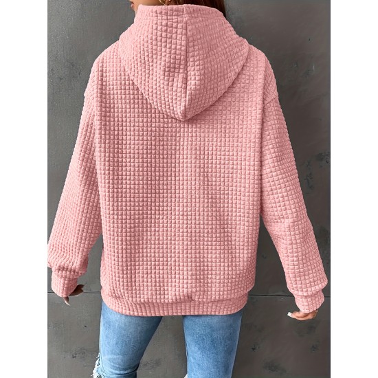 Plus Size Solid Color Waffle Long Sleeve Hooded Sweatshirt, Casual Drawstring Kangaroo Pocket Hoodie, Women's Clothing