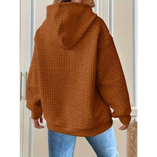 Plus Size Solid Color Waffle Long Sleeve Hooded Sweatshirt, Casual Drawstring Kangaroo Pocket Hoodie, Women's Clothing