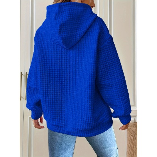 Plus Size Solid Color Waffle Long Sleeve Hooded Sweatshirt, Casual Drawstring Kangaroo Pocket Hoodie, Women's Clothing