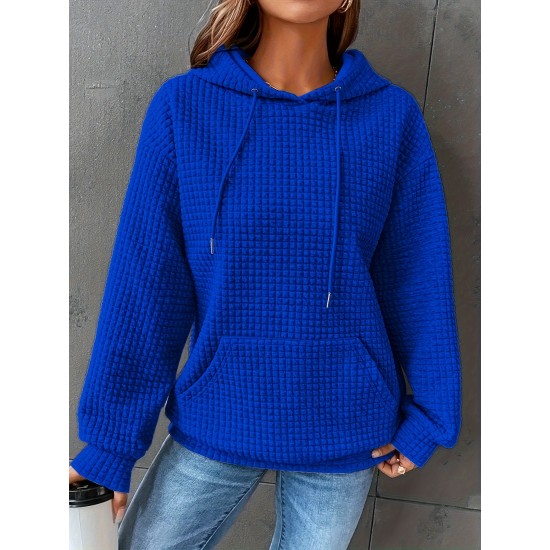 Plus Size Solid Color Waffle Long Sleeve Hooded Sweatshirt, Casual Drawstring Kangaroo Pocket Hoodie, Women's Clothing