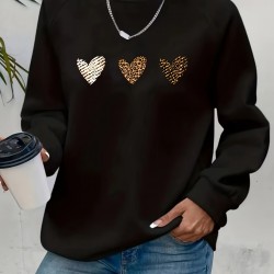 Plus Size Heart Print Sweatshirt, Casual Long Sleeve Crew Neck Pullover Sweatshirt, Women's Plus Size Clothing