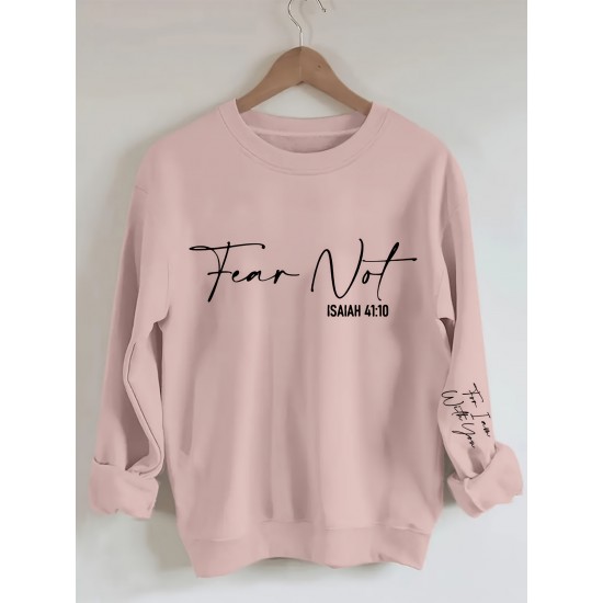 Plus Size Fear Not Print Pullover Sweatshirt, Casual Long Sleeve Crew Neck Sweatshirt For Fall & Winter, Women's Plus Size Clothing