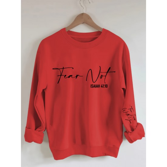 Plus Size Fear Not Print Pullover Sweatshirt, Casual Long Sleeve Crew Neck Sweatshirt For Fall & Winter, Women's Plus Size Clothing