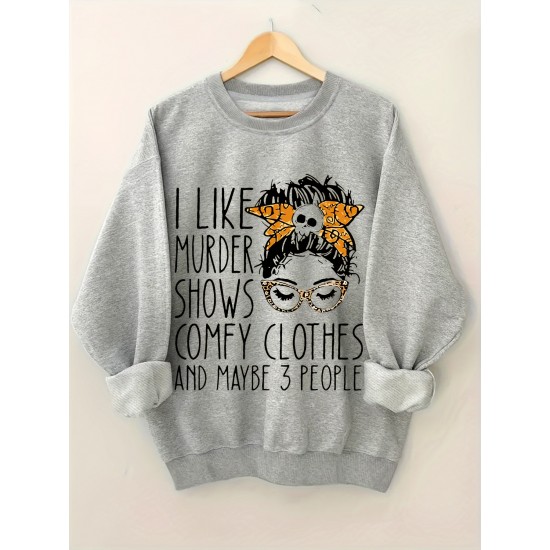 Plus Size I Like Print Sweatshirt, Casual Long Sleeve Crew Neck Pullover Sweatshirt, Women's Plus Size Clothing