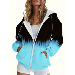 Plus Size Color Block Zip Front Hoodie, Casual Drawstring Kangaroo Pocket Long Sleeve Hooded Sweatshirt, Women's Plus Size Clothing