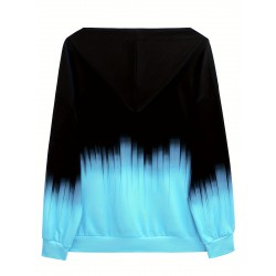 Plus Size Color Block Zip Front Hoodie, Casual Drawstring Kangaroo Pocket Long Sleeve Hooded Sweatshirt, Women's Plus Size Clothing