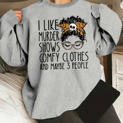 Plus Size Letter Print Sweatshirt, Casual Crew Neck Long Sleeve Pullover Sweatshirt For Spring & Fall, Women's Plus Size Clothing