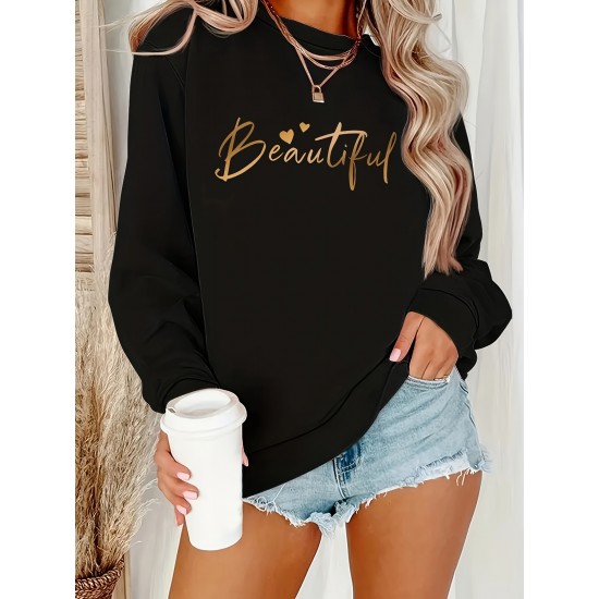 Plus Size Beautiful Print Sweatshirt, Casual Long Sleeve Crew Neck Pullover Sweatshirt, Women's Plus Size Clothing