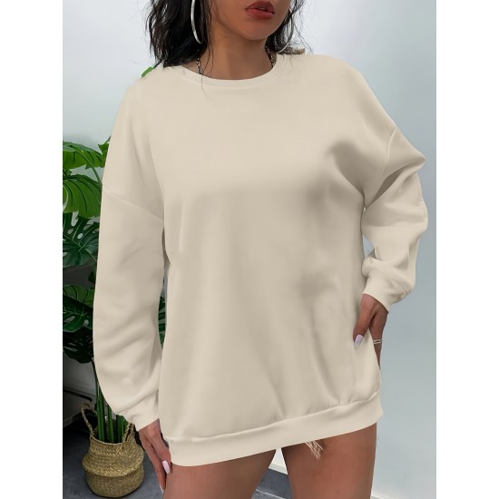 1pc Women'S Plus Size Fashion Sweatshirt, 100% Polyester Crew Neck Pullover with Slight Stretch, Solid Color Knit Fabric for Fall/Winter