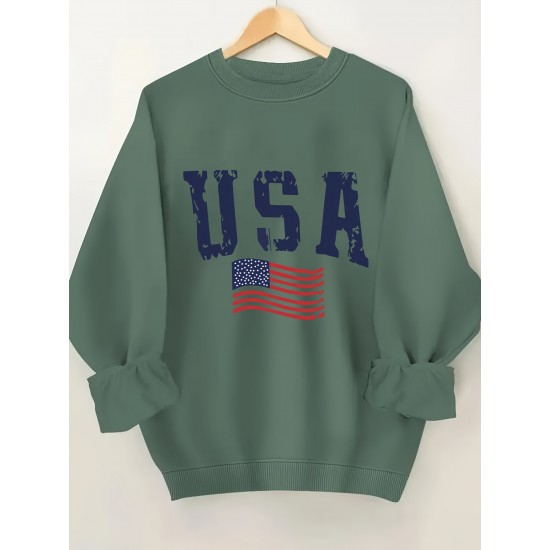 Plus Size USA Print Pullover Sweatshirt, Casual Long Sleeve Crew Neck Sweatshirt For Fall & Spring, Women's Plus Size Clothing