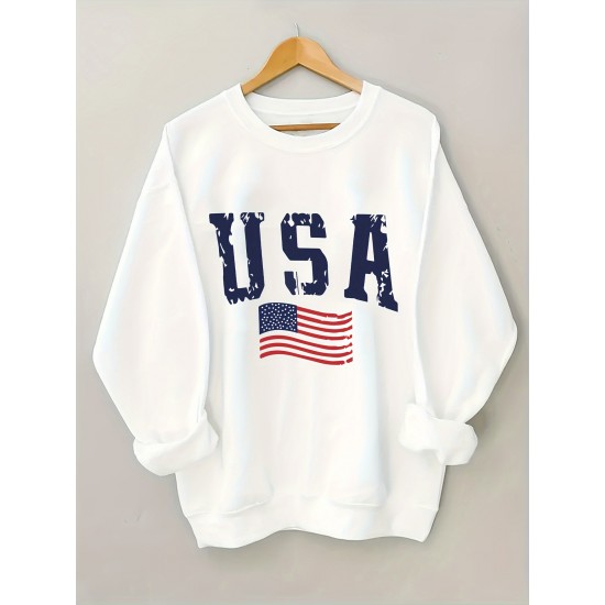 Plus Size USA Print Pullover Sweatshirt, Casual Long Sleeve Crew Neck Sweatshirt For Fall & Spring, Women's Plus Size Clothing