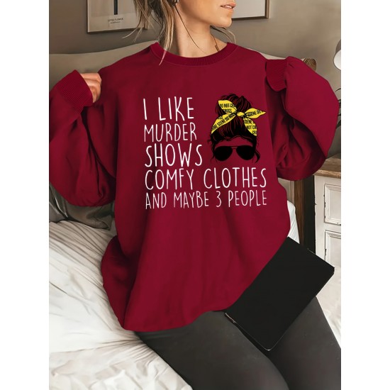 Plus Size Woman & Letter Print Sweatshirt, Casual Long Sleeve Crew Neck Sweatshirt, Women's Plus Size Clothing