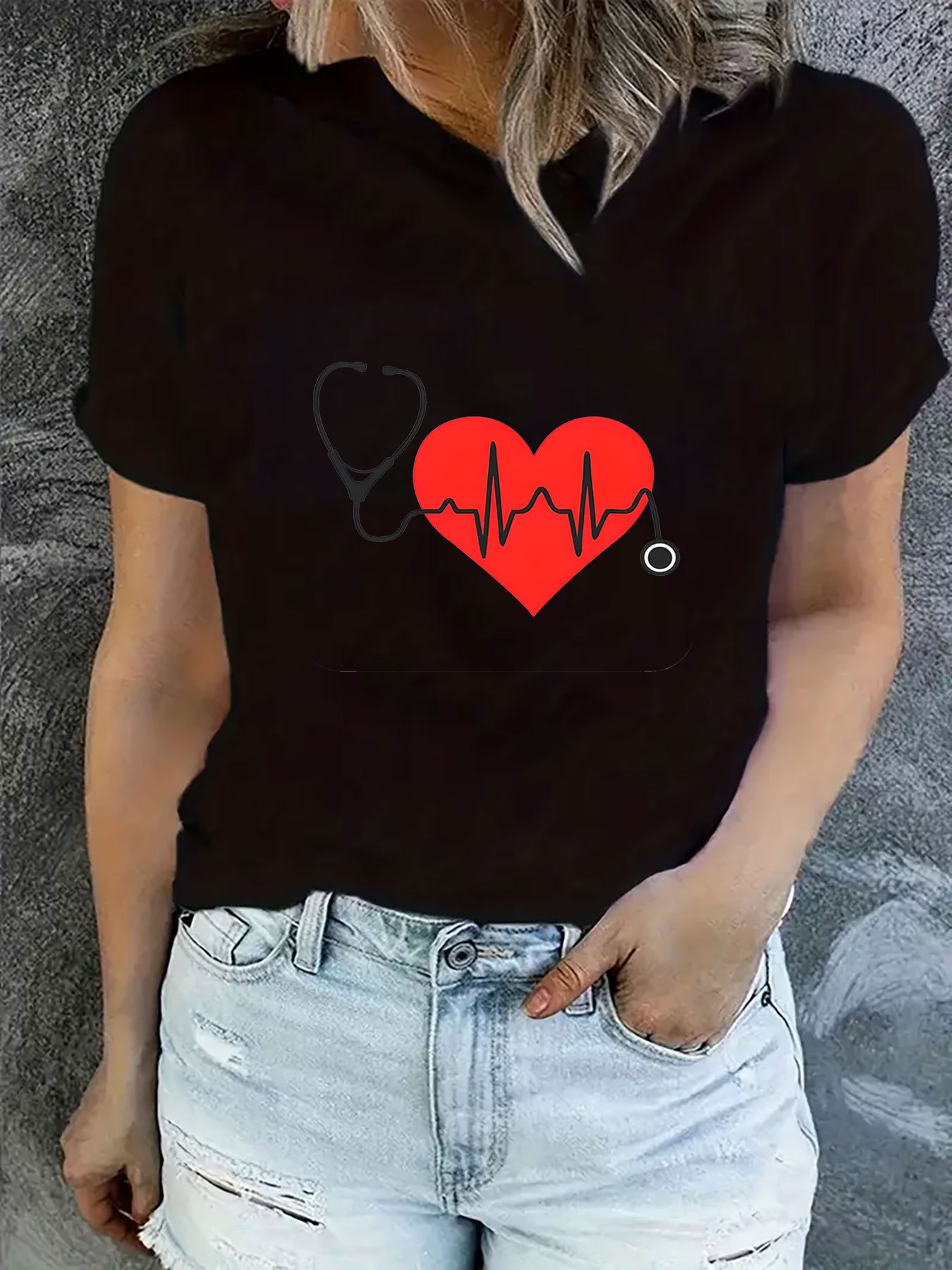 Women s Breathable Polyester T-Shirt with Stethoscope &   - Casual Crew Neck, Short Sleeve, Machine Washable - Perfect Gift for Her details 0