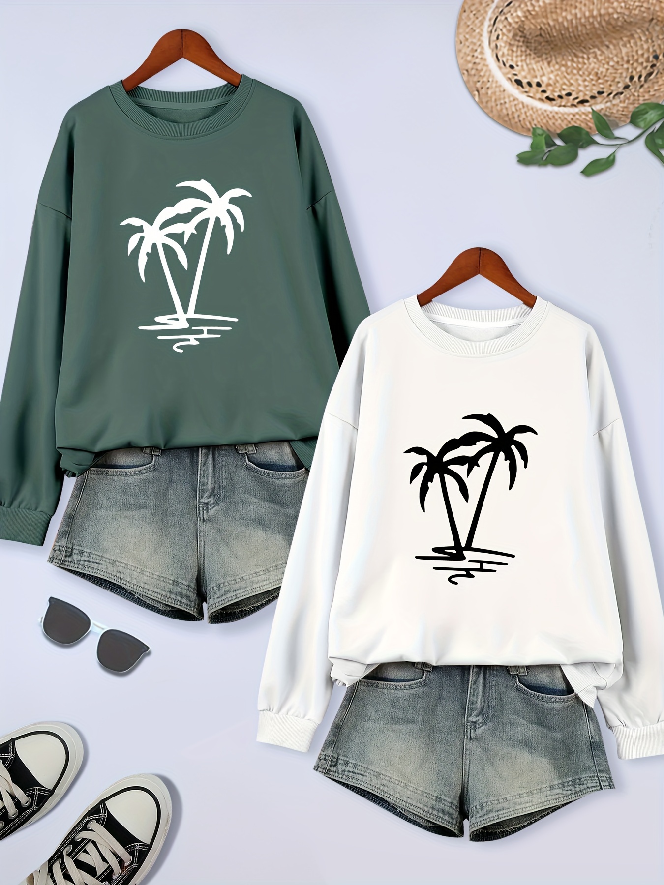 2 packs plus size coconut tree print sweatshirt casual long sleeve crew neck pullover sweatshirt womens plus size clothing details 6