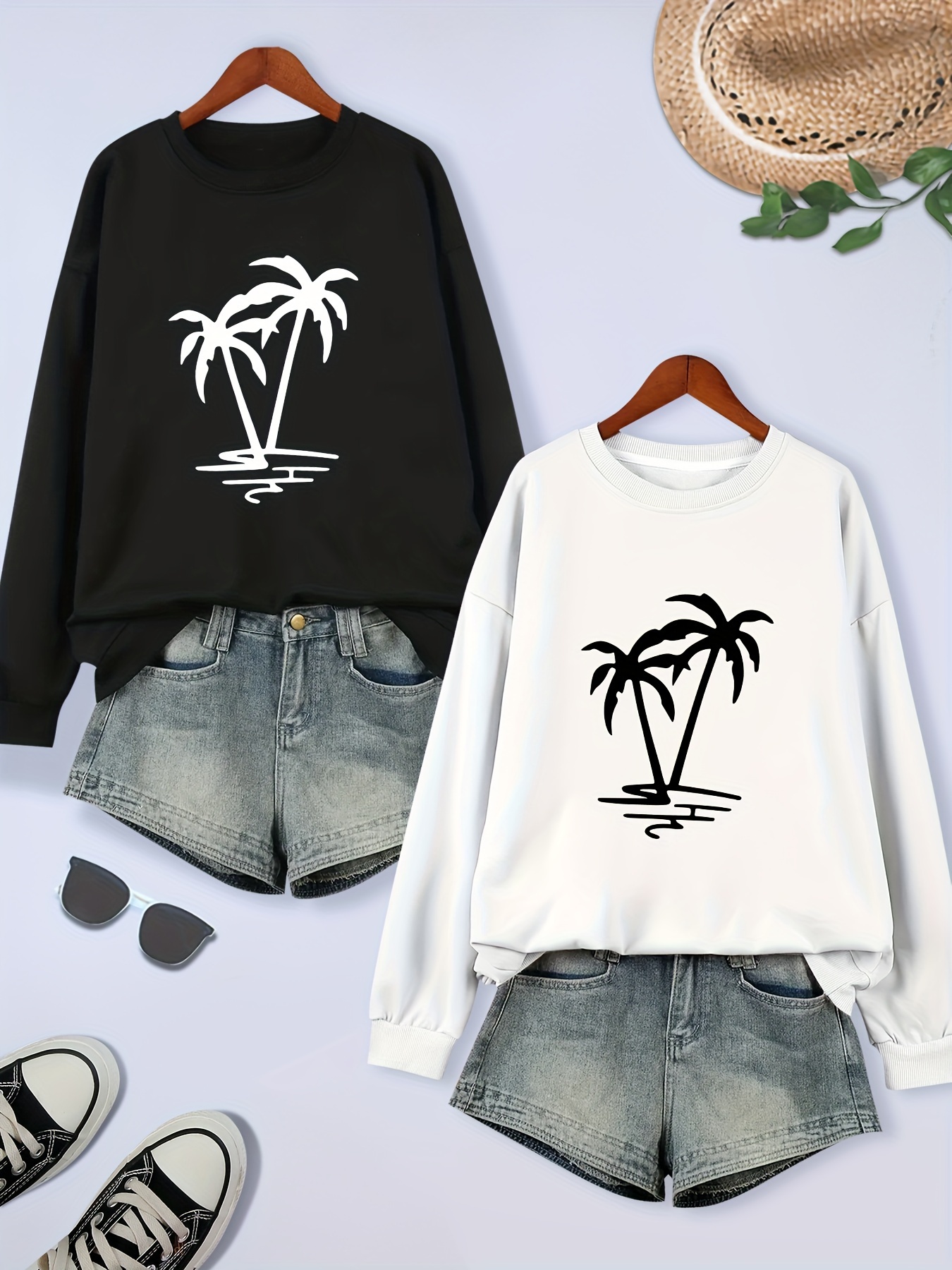 2 packs plus size coconut tree print sweatshirt casual long sleeve crew neck pullover sweatshirt womens plus size clothing details 11