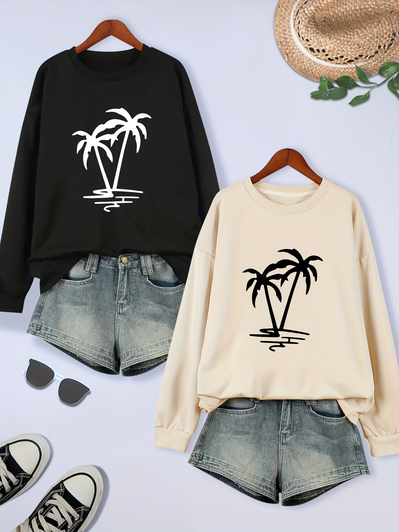 2 packs plus size coconut tree print sweatshirt casual long sleeve crew neck pullover sweatshirt womens plus size clothing details 22