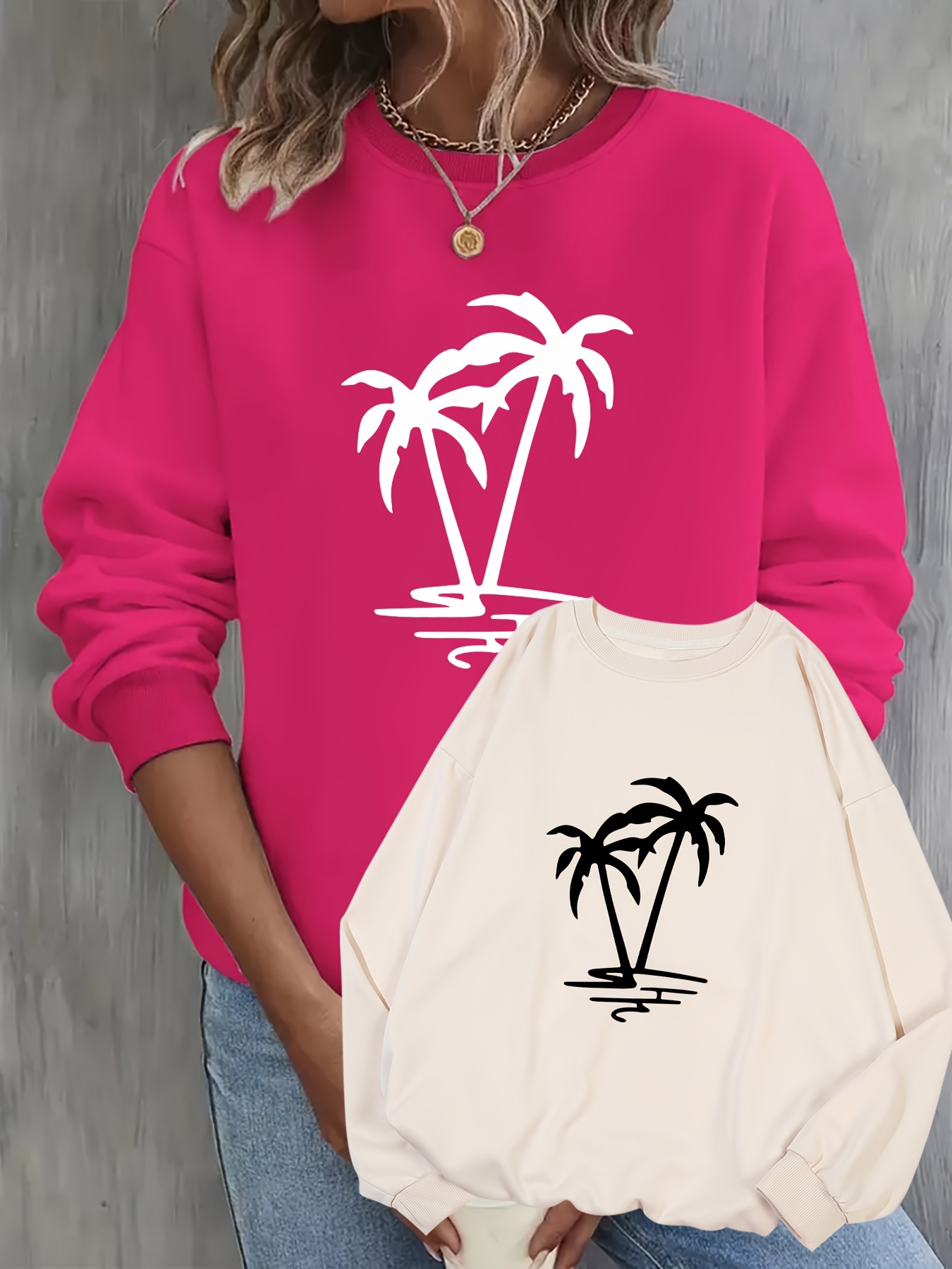 2 packs plus size coconut tree print sweatshirt casual long sleeve crew neck pullover sweatshirt womens plus size clothing details 33