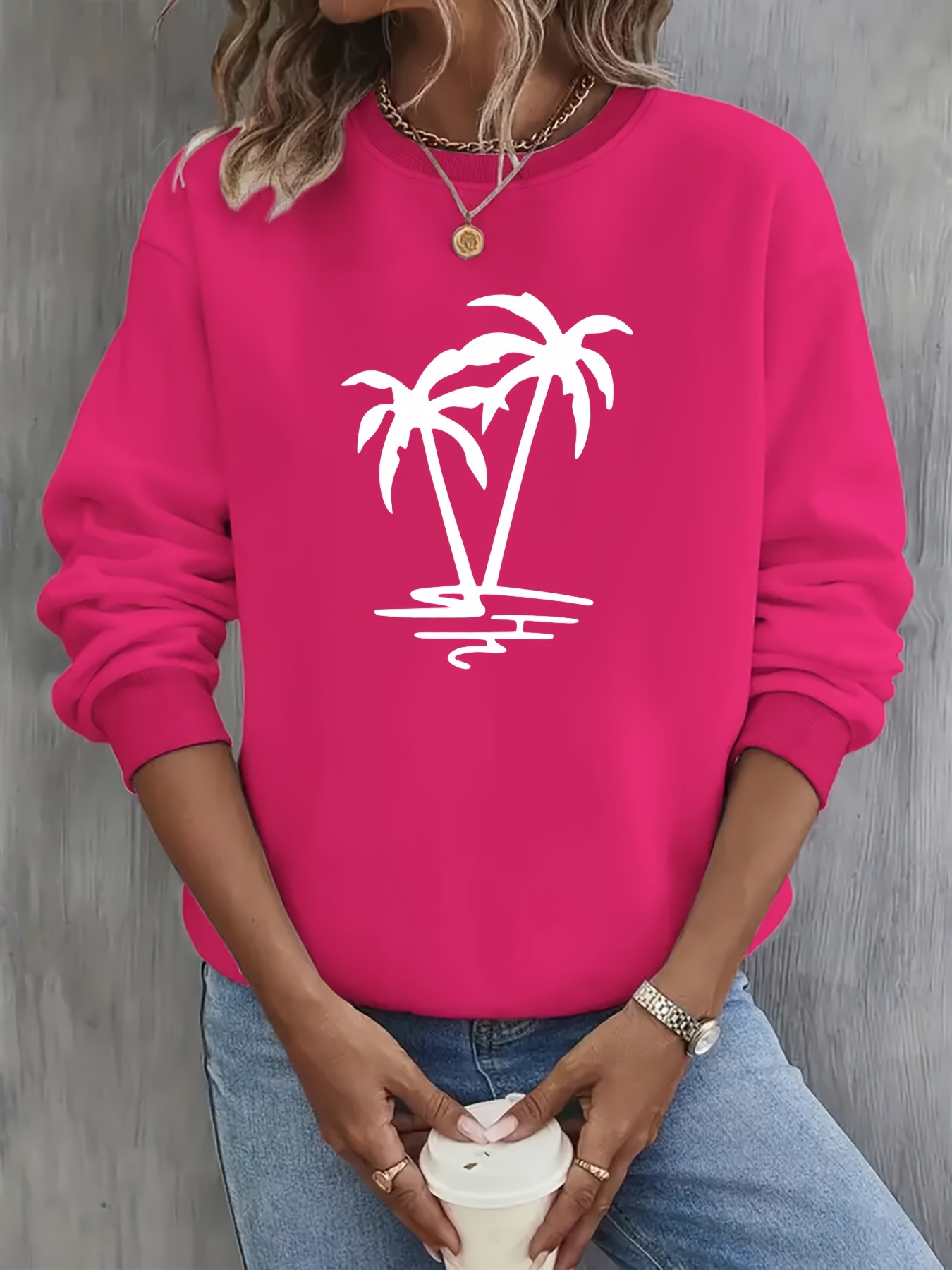 2 packs plus size coconut tree print sweatshirt casual long sleeve crew neck pullover sweatshirt womens plus size clothing details 36