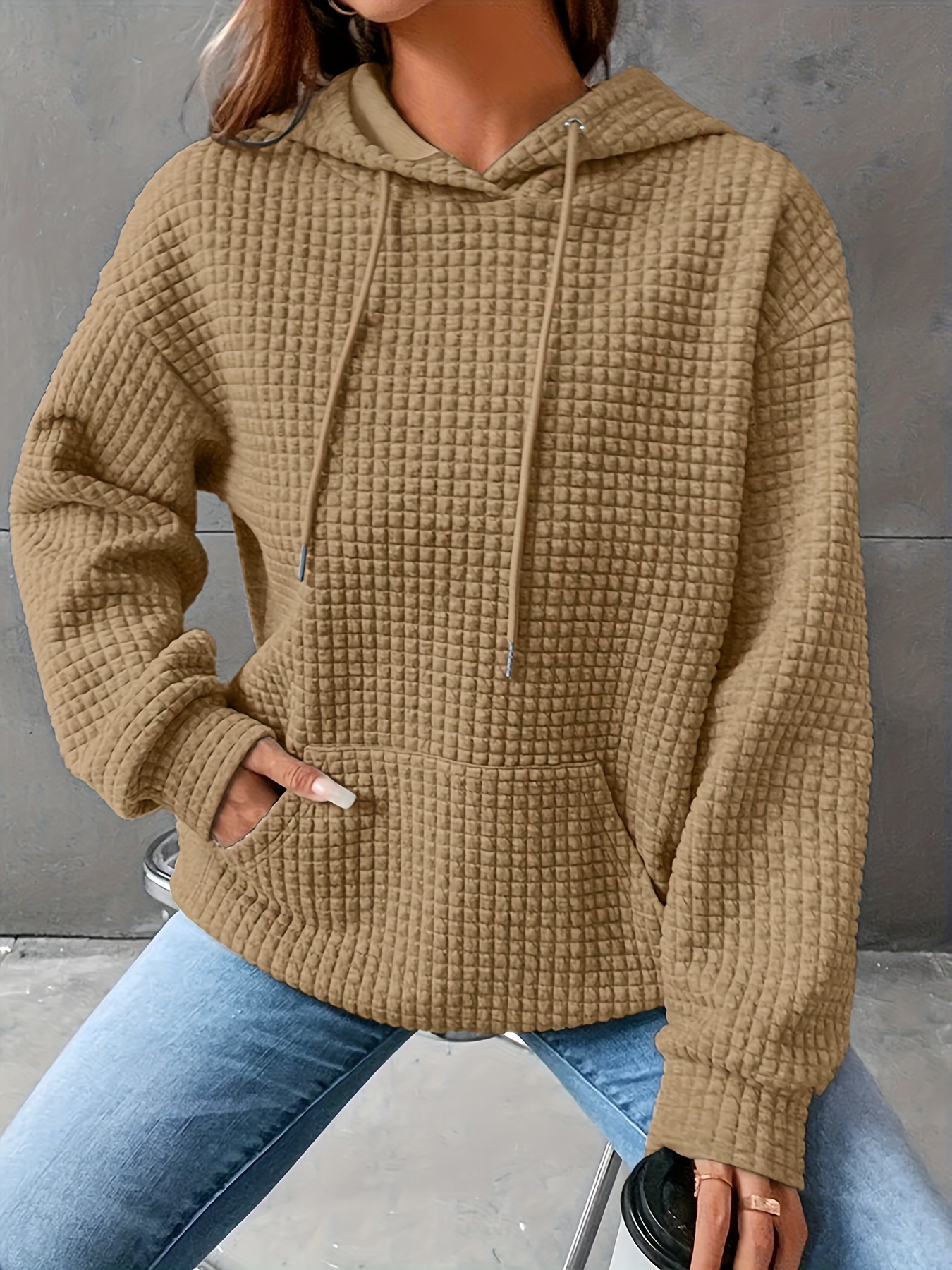 plus size solid color waffle hoodie casual kangaroo pocket drawstring long sleeve hooded sweatshirt womens plus size clothing details 34